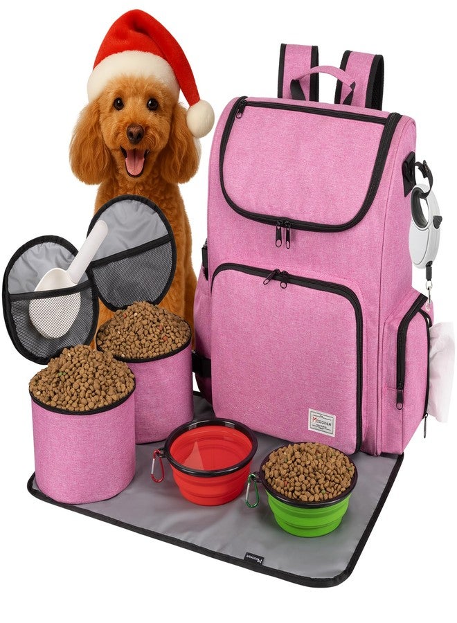 Modoker Dog Travel Bag Backpack, Airline Approved Pet Accessories Organizer for Dog and Cat with Shoulder Strap, 2 Dog Food Storage Containers, 2 Collapsible Dog Bowls,1 Pet Mat, Pink - Image 1